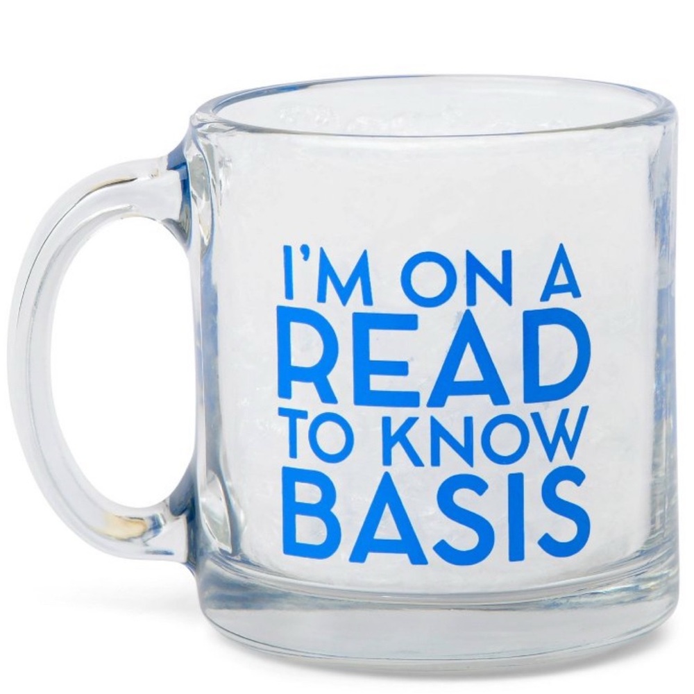 Clear Glass Mug with Blue Text‎